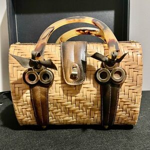 Vintage ENCORE Brown Woven Barrel Purse Handbag Leather & Tortoise Accents